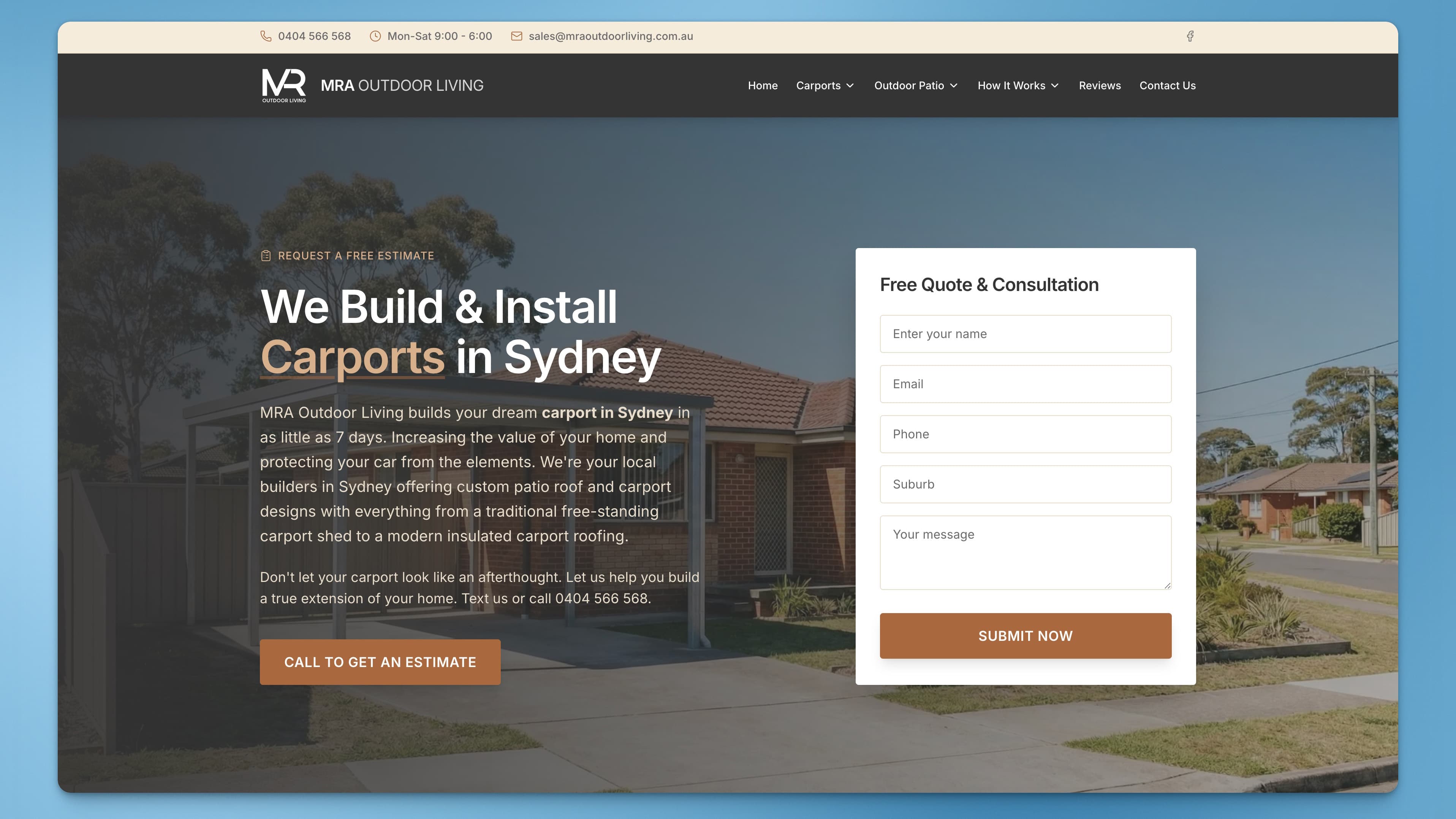 MRA Outdoor Living homepage — placeholder for website screenshot